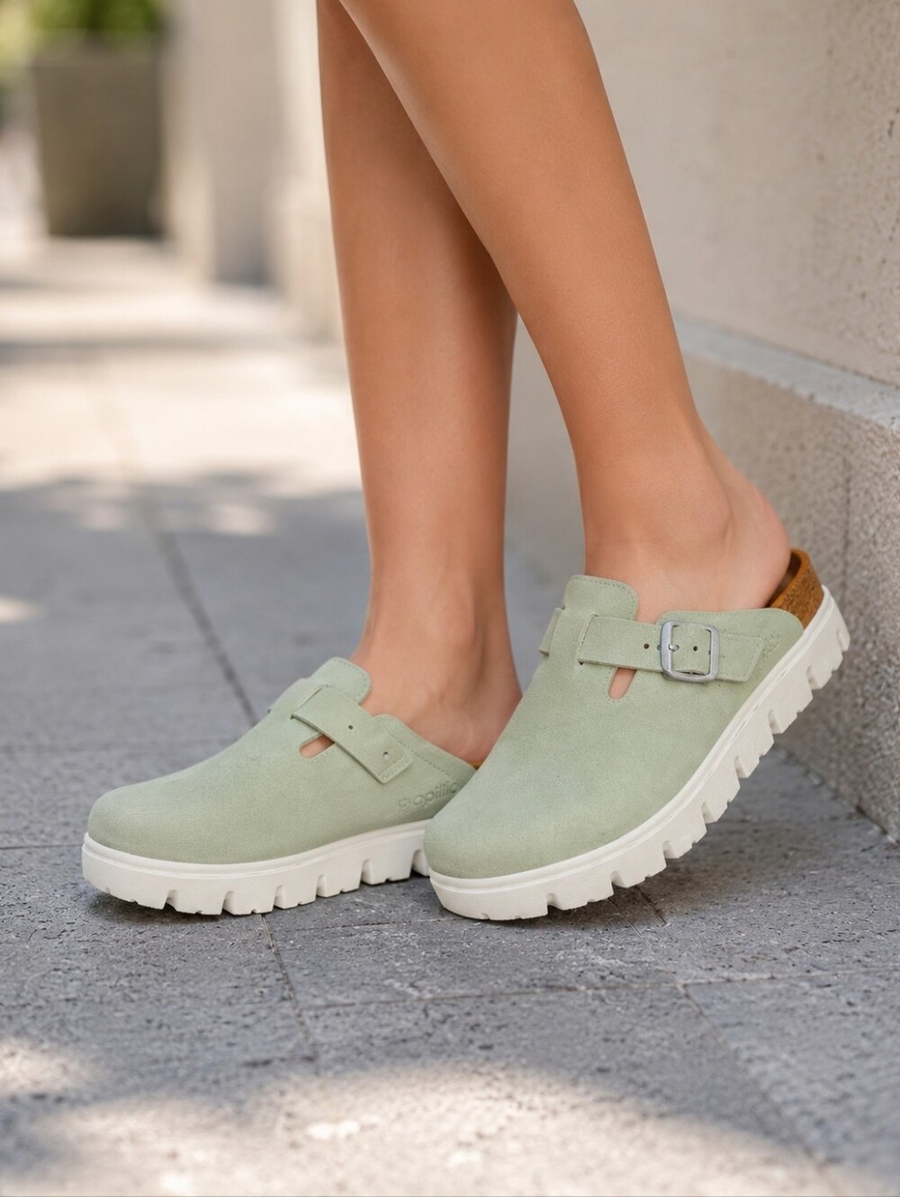 Birkenstock Boston Chunky Suede Leather - Faded Lime - Picture 1 of 8